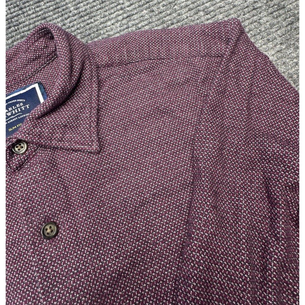 Charles Tyrwhitt Button Down Shirt Mens Medium Burgundy Micro Pattern Slim Fit